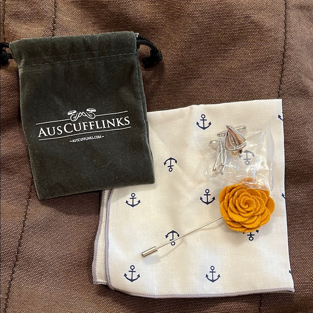 AusCufflinks Anchor Pocket Square & Mustard Lapel Flower Set